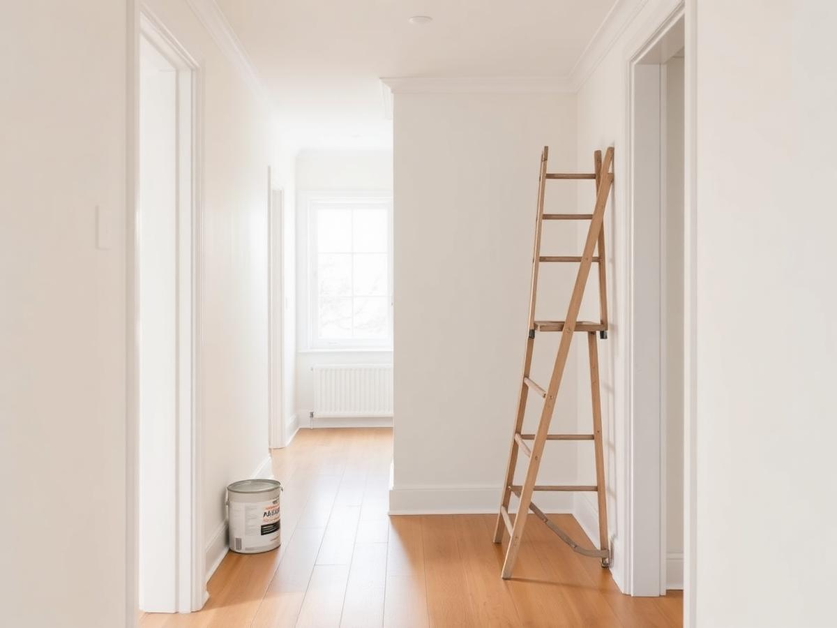 Freshly painted hallway with white walls and wooden flooring