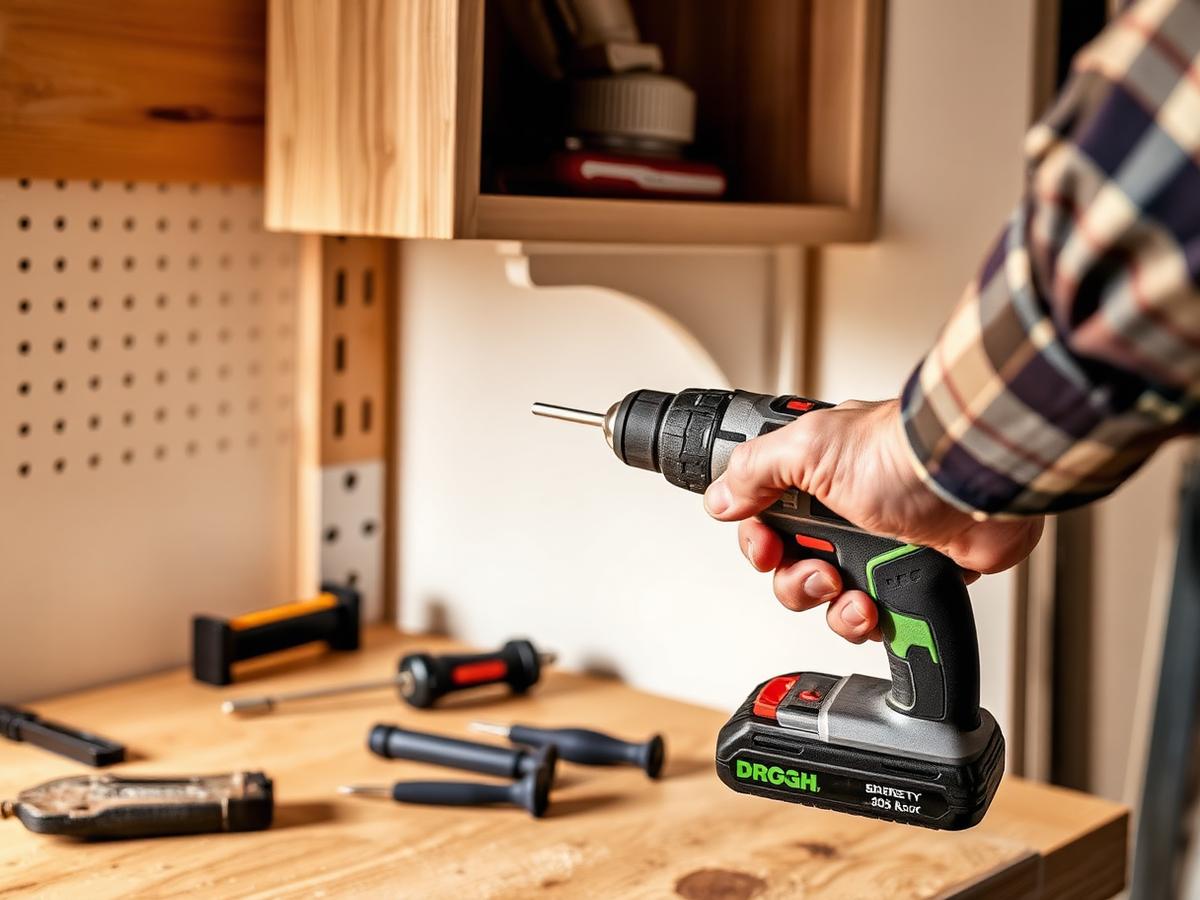 Handyman fixing a shelf bracket to a wall with a cordless drill